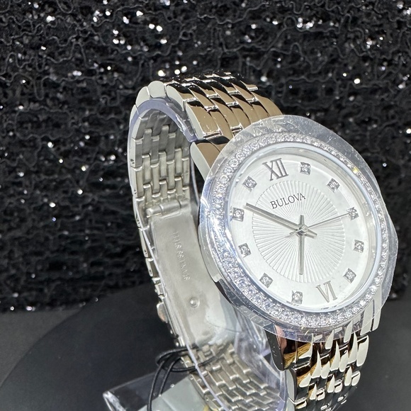 Women's (NWT) Silver Bulova with Mother-of-Pearl face, Diamond hours, & crystals - Picture 5 of 5